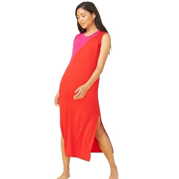 summersalt Dresses & Skirts - Summersalt The Everywhere Colorblock Pink Red Jersey Knit Midi Dress Women’s XS